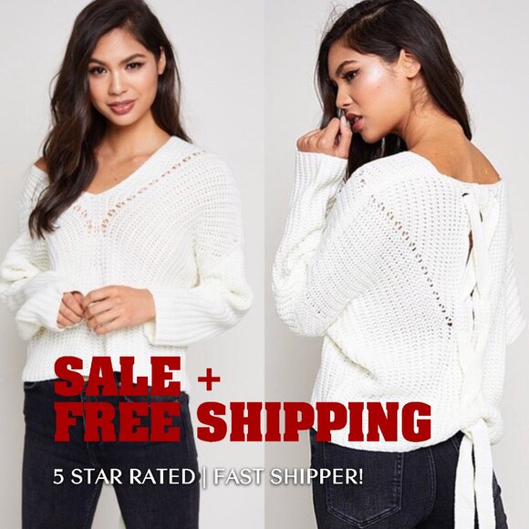 Heiress Blank Sweaters - Small Ivory Lush V Neck Lace Up Back Long Sleeve Sweater